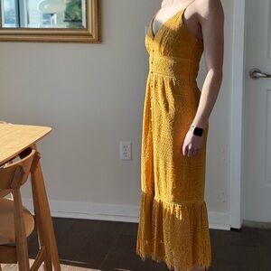 Lulu's Robyn Mustard Yellow Lace Midi Dress